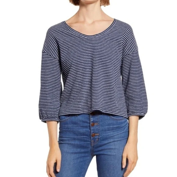 Madewell Tops - Madewell V-Neck Bubble-Sleeve Top Navy/White M3092 Size Large, NWT